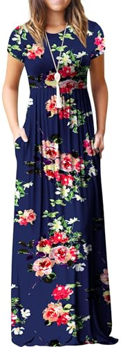 GRECERELLE Womens Maxi Dress Summer Casual Ladies Short Sleeve Crew Neck Long Dresses with Pocket for Daily, Holiday, Travel, Maternity (Pink Rose Navy, XXL)