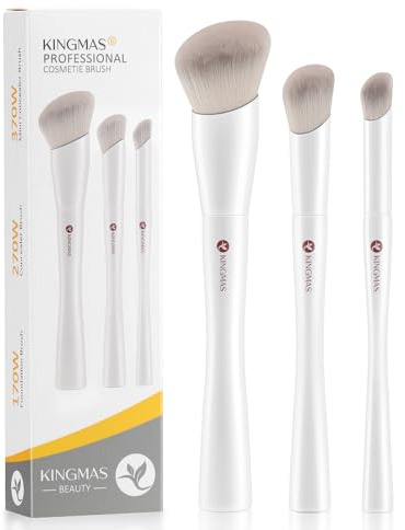 KINGMAS Angled Foundation Brush Concealer Brush, Kabuki Under Eye Contour Makeup Brush for Liquid, Blending, Cream, Powder, Blush Buffing Stippling Face Makeup Tools White (170/270/370)