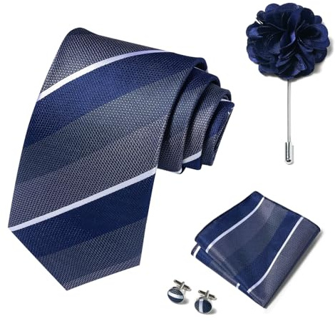 joy alice Ties Set Men Mixed Color Necktie Handkerchief Cufflinks Brooch 3.15 Formal (Blue Grey Striped)