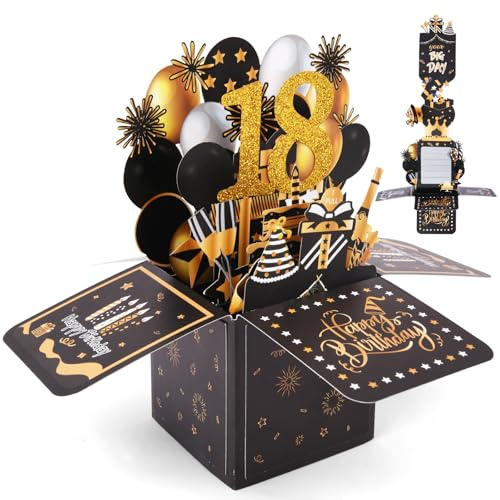 OFFCUP 18. Geburtstagskarte Ziehbar 3D Grußkarte zum 18. Geburtstag Pop Up Karte mit Umschlag Happy Birthday Geburtstagskarten Geburtstagsgeschenk für Frauen Kinder Freundin Männer (Schwarze Gold)