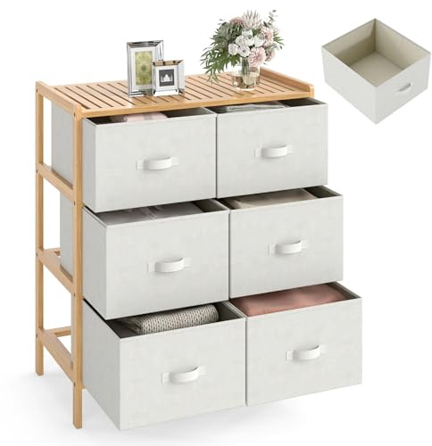 KOMFOTTEU Cassettiera con 6 cassetti pieghevoli in tessuto, cassettiera in bambù a 3 livelli, mobile organizer con dispositivo antiribaltamento, armadio di stoccaggio per camera da letto, soggiorno