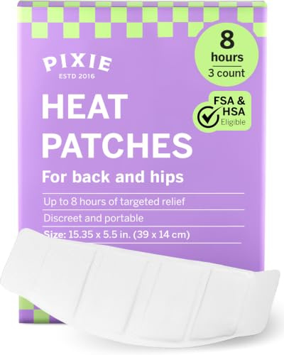 Pixie - Parches térmicos para cadera y espalda, hasta 8 horas de calor, calentadores corporales activados por aire, cobertura amplia, almohadillas térmicas externas (3 unidades)