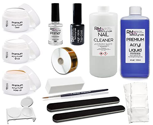 XL Acryl Set 4 3x 20g Acrylpuder Klar Weiß Make-Up 100ml Liquid 100ml Cleaner Pinsel Starterset Nagelset Acrylset