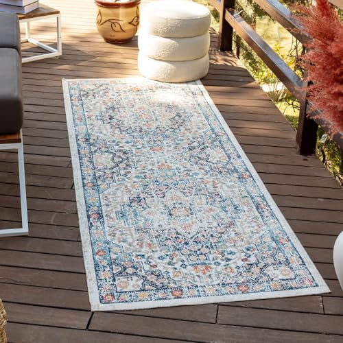 Livabliss Safi Outdoor wetterfest - In und Outdoor für Balkon 80x220 cm, Terrasse, Garten, Küche - e Boho Style für draußen - Blau, Rost und Beige