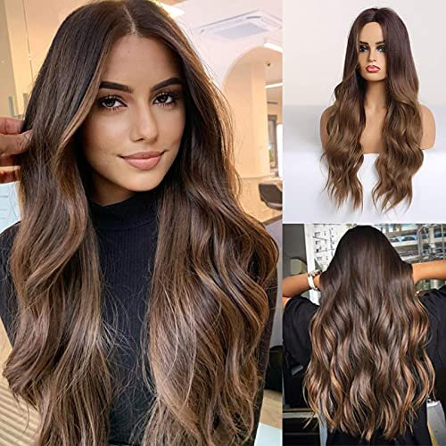 HAIRCUBE Long Curly Brown Wigs for Women Synthetic Hair Wig Middle Parting