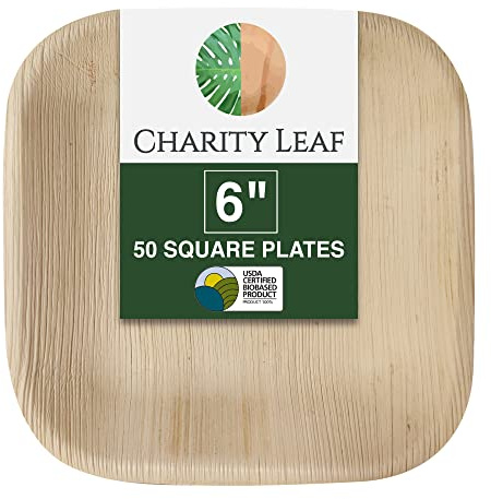 Charity Leaf Disposable Palm Leaf 6 Square Plates (50 pieces) Bamboo Like Serving Platters, Disposable Boards, Eco-Friendly Dinnerware For Weddings, Catering, Events