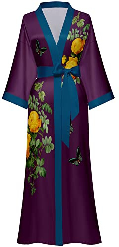 Horezsie Women's Long Silk Robes Long Satin Robes Long Kimono Robes Floral Silky Bathrobes Dressing Gown, One Size