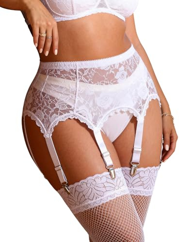 comeondear Women Lace High Waisted Garter Belt White Suspenders with Durable Stainless Steel Non-Slip Clips Plus Size 6 Widened Straps Lingerie Set for Stockings