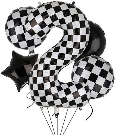 XXL Checkered Numeri 2 Palloncini in pellicola nero bianco auto da corsa palloncino 5 pezzi Mylar Elio numeri 2 auto da corsa auto palloncino decorazione compleanno Race Car Theme 100 cm
