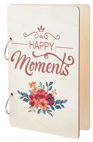 SUPERDANT Wooden Loose Leaf Binder Happy Moment Greeting Card Holder Postcard Organizer Book 2-Rings Cover Flowers Birthday Reminder Calendar Keeper File Folder Organizer Card Keepsake