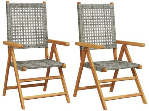 vidaXL Gartenstühle 2 STK., Gartenstuhl mit Liegefunktion, Klappstuhl für Garten Balkon Terrasse, Gartensessel Stuhlset, Grau Massivholz Akazie Poly Rattan