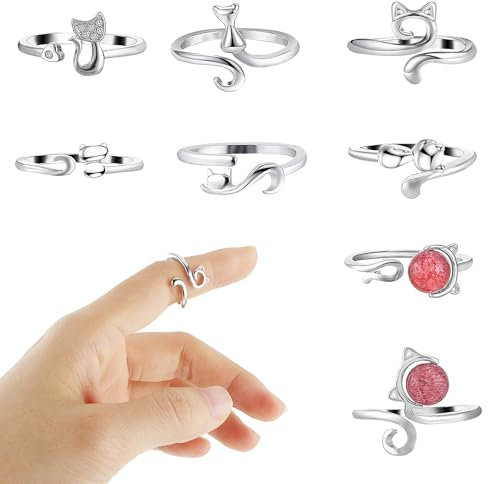 Nogeqi 8 Stück Katze Häkelring, Katzen Häkelringe Finger, Verstellbare Crochet Ring, Legierung Häkelring Für Den Finger, Legierung Fadenring, Katzenform Häkel Ring Für Knitting Häkelliebhaber (Silber)