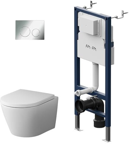 AM.PM - Hänge WC Komplettset, Vorwandelement WC Set Komplett (Prime Fit) + Wand WC Weiß ohne Spülrand (Flash) + Drückerplatte Rund Chrom + WC-Sitz mit SoftClose-Absenkautomatik, Toilette Komplett Set