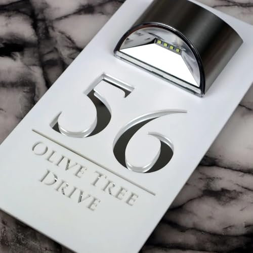 Placa solar personalizada con número de casa, placa acrílica cortada con láser, luz LED solar personalizada, para exteriores, dirección, nombre de calle, placas de puerta (negro (texto plateado), 15 x