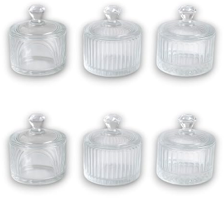 KORAT Set 6 Barattoli in Vetro con Coperchio Contenitori Decorativi da 90 ML, 6x7 cm Barattoli Porta Confetti, Bomboniera Matrimonio, Battesimo Festa Caramelle Design Elegante con Pomello a Diamante