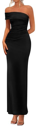 PRETTYGARDEN Women's 2026 Wedding Guest Cocktail Dresses One Off the Shoulder Ruched Bodycon Formal Maxi Party Summer Outfits (Black,Medium)