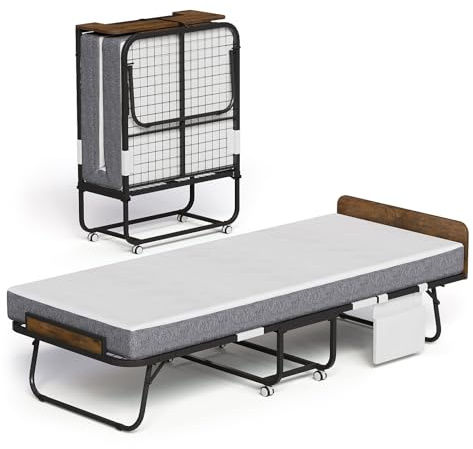 VENNQD Folding Bed with 5 Mattress Wooden Headboard Side Pocket Cot Size Portable Beds for Adults Folded Guest Bed, Home Office,Fold Up Roll Away Beds for Easy Storage (Rustic Brown, Cot 75x31)