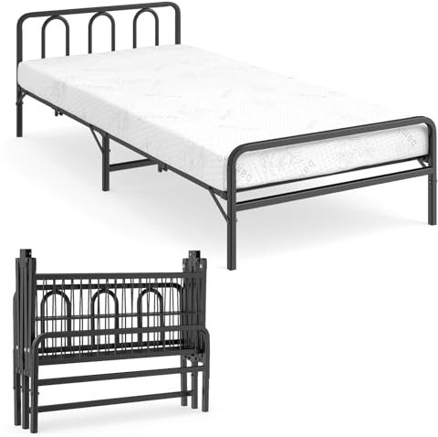 COSTWAY Klappbett 90x200 Erwachsene, Bett klappbar mit 10 cm Matratze, bis 220 kg, Gästebett Metallrahmen, Bettgestell mit Memory-Schaum & Kopfteil, Einzelbett für Gästezimmer, Weiß