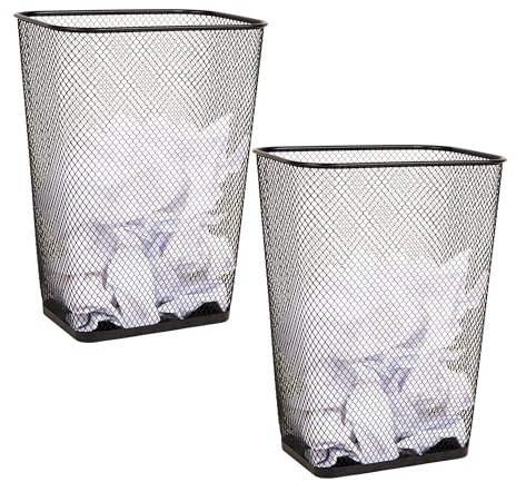 Mind Reader 10 Gallon Executive Waste Paper Bins, Solid Bottom, Non Slip Pads, Office and Home, Metal Mesh, Set of 2, Black