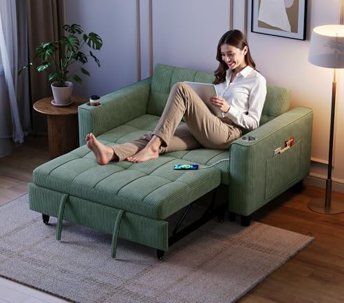LINSY 54 Pull Out Couch with Charging Station - Sleeper Sofa Bed with Cup Holder, Small 3 in 1 Convertible Loveseat Sleeper Couch for Apartment, Dorm Room, Bedroom and Small Space, Olive Green