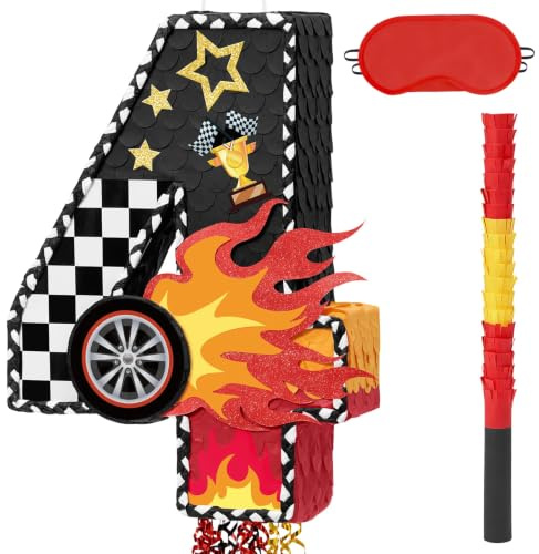 WERNNSAI Race Car Number 4 Pinata for 4nd Birthday Party Decorations | Pull String Pinata with Stick Blindfold Cars Birthday Decorations Red Black Racing Theme Party Supplies
