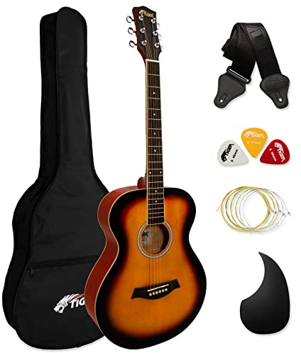TIGER ACG2-SB Chitarra acustica full size 4/4 con corde in acciaio per principianti - La confezione include custodia, tracolla, piastra antigraffio e corde di ricambio - Sunburst (marrone)