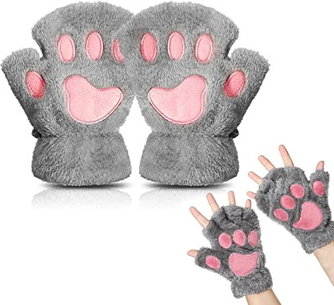 EQLEF Fingerlose Handschuhe Damen, Katzenpfoten Handschuhe Katzenpfote Nette Halbe Handschuhe Warme Winterhandschuhe Krallen Handschuhe Cosplay für Frauen Lady und Teenage Mädchen (Grau)