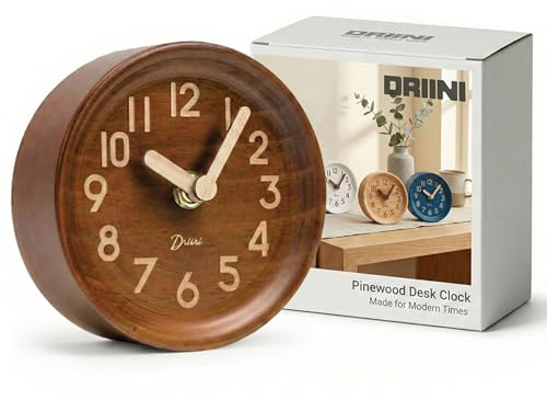 Driini Wooden Analog Desktop Clock – 4.3 in. Decorative Pinewood, No-Tick Design – Easy to Read Silent Sweep Mantle Clock – Quiet Tabletop Clocks with Wood Body, Hands, & Battery Cover; Dark
