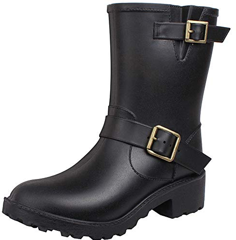 ANUFER Dam Chunky Heel Justerbart Spänne Slip on Regnstövlar Mid-Vaden Wellington stövlar, Svart, 40 EU