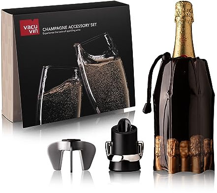Vacu Vin 38899606 Champagne Accessory Set 3 Pieces - Champagne Cooler, Champagne Stopper and Pourer, Champagne Opener, Black