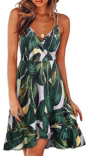 ULTRANICE Women's Summer Floral Wrap V Neck Sundress Adjustable Spaghetti Ruffle Swing Dress