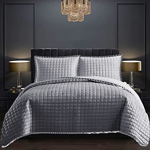 Prime Linens Bedspread King Size Throw Coverlet 100% Cotton Comforter Embossed Bedding Set Quilts King Size Bed Throws For Bedroom Decor with Silk Border 1x Bedspread + 2 Pillow Cases (Osca Grey)