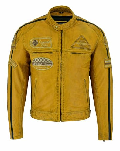 PRO FUTURE Giubbotto Moto in pelle da Uomo ASPIDEX Vintage Custom & Café Race Stile Harley (XL, GIALLO)