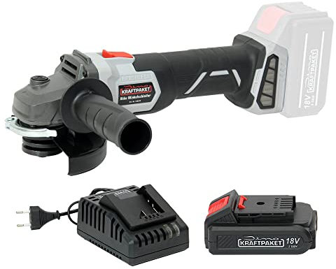 Dino KRAFTPAKET 18V-115 Bürstenloser Akku Winkelschleifer mit Akku und Ladegerät (2Ah),1170W peak (Ø 115mm, Schnitttiefe: 28mm), leicht, kompakt, Softstart, Wiederanlaufschutz, Motor bürstenlos