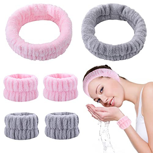 KEYRI 6 Stück Spa Gesicht Stirnband Handgelenk Waschbänder Set Gesicht Wasch Armbänder Elastisch Makeup Haarband Schweissband zum Schminken und Waschen Gesicht Frauen Spa Yoga Dusche (Rosa, Grau)