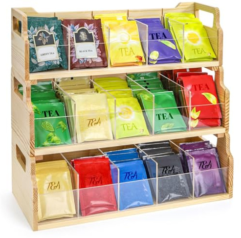 ZAVOOS Tea Bag Organizer, 3 Tier Large Stackable Tea Station Storage Box with 15 Compartments, Wooden Teabag Holder Sugar Packets Chest with Acrylic Divider for Kitchen, Countertop, Cabinet, Pantry