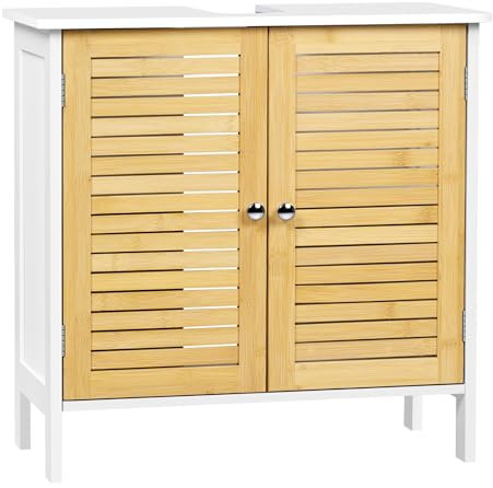 EUGAD Mobile Sottolavello per Bagno, Mobiletto per Lavabo, Armadio a Pavimento con Ante e Ripiano Regolabile, Colore Bambù Naturale+Bianco, 60x30x60cm