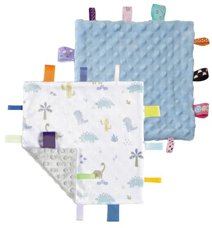 CREVENT Tag Security Blankets for Babies, Soft Small Loveys for Boys, Baby Comforter Sensory Blanket, Great Gifts for Birthday Baby Shower (24X24cm Dino + Blue)