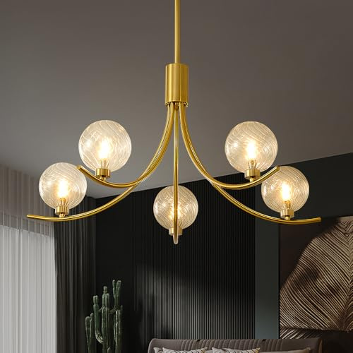 WGLICXA 5-Head Gold Modern Chandelier with 5 Clear Glass Globe Bulbs, Globe Chandelier, Elegant Lamps with Gold Accents, Ceiling Light for Living Room Kitchen Island Bedroom Entryway
