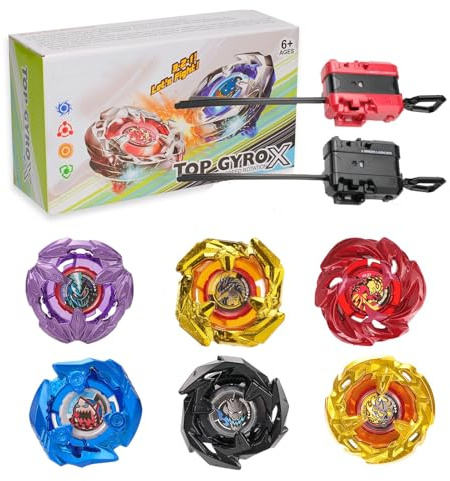 kreisel X Battle Set, 6 rechte Gryo und 2 X Launhcers, Great Starter Gyro Pack für Jungen Spielzeug Kinder Geburtstag Spielzeug 6+