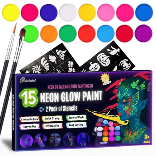 15 Colors Neon Face Paint Kit for Kids & Adults – UV Glow Body & Face Painting Set with Brushes & Stencils | Non-Toxic, Quick Dry, Easy to Wash, Long-Lasting Party Makeup