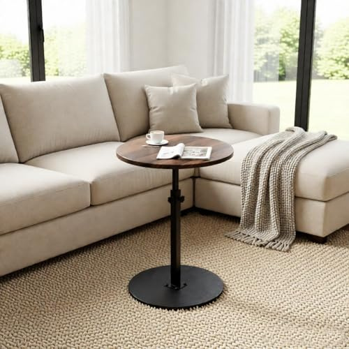 ZOYIZEN Side Table Round with Wheels, End Table, Height Adjustable (45-77cm), Φ 40 cm, Small Tables for Living Room, Bar, Walnut