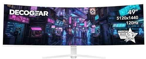 Deco Gear 49 Curved Ultrawide 5K Gaming Monitor, 32:9, 120 Hz, 101% NTSC 100% sRGB, USB-C 65W, Adjustable, Home Office and Entertainment Workstation - Exclusive White Edition