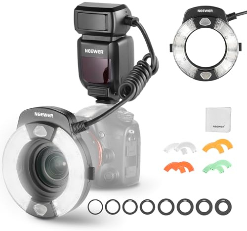 NEEWER RF1-S TTL Marco Ring Flash Light Compatibile con Sony, 76Ws GN15 5600K Uscita 1-1/128 Sync Tendina Anteriore/Posteriore, Gel Colorato/Anelli Adattatori, Speedlite per Servizi Fotografia Macro