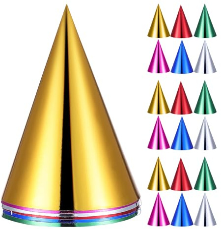 FRCOLOR 30 Cappellini Conici in Carta Metallizzata per Feste - di Compleanno Argento, Oro, Verde, Blu, Rosso, Rosa Fucsia - Per Natale, Matrimoni, Bambini e Adulti