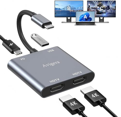 Avigers HDMI-splitter 1 i 2 out, USB C till HDMI-adapter 2 bildskärmar, med 2 HDmi port, PD, USB 3.0 för bärbara datorer och surfplattor etc (enkel användning 4K@60Hz och dubbel användning 4K@30Hz)