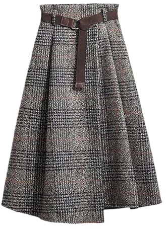 Gonna lunga da donna, elegante, invernale, a quadri, calda, in lana, a vita alta, a carreaux, d'autunno, con vita elastica, a linea A, gonna a pieghe, plissettata, tartan, a ruota, O grigio., L