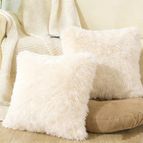 MINWEGI 2 Pack Fluffy Cushion Covers Double-Sided (Faux Fur & Short Plush) 43x43cm - Pet Friendly, Durable Pillow Cases for Sofa Bed Decor(Beige, 43 * 43CM)