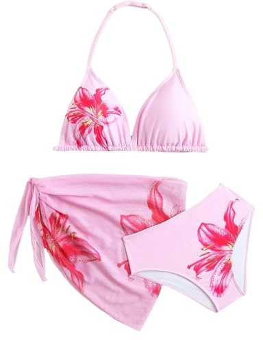 Awinclo Girls 3 Piece Leopard Floral Bikini Set Halter Triangle Cover Up Skirt Cute Summer Vacation Beach Pool Swimsuit Pink 11 Years