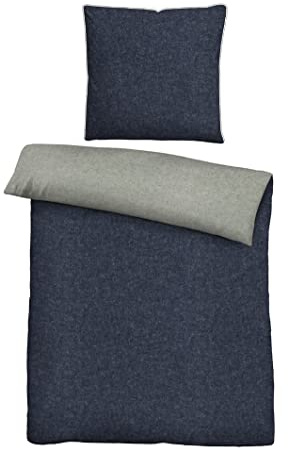 biberna Melange-Flanell Bettwäsche 155x200 cm, 2-teilig mit Kissenbezug 80x80 cm, 100% Baumwolle, Biber, mit Paspel, wärmend & weich, Reißverschluss, Winterbettwäsche, Uni, blau, Modell 0840500